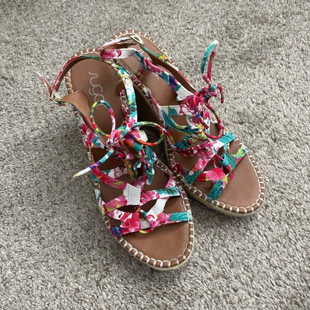 Sugar Floral Abstract Lace Up Wedge Heels Size 10